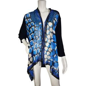 Chicos Womens Size 3/XL Open Front Top 3/4 Sleeve Blue Black Geometric Print